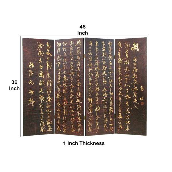 Traditional 4 Panel Screen Divider With Chinese Greetings, Brown And Gold By Benzara | Room Divider |  Modishstore  - 2