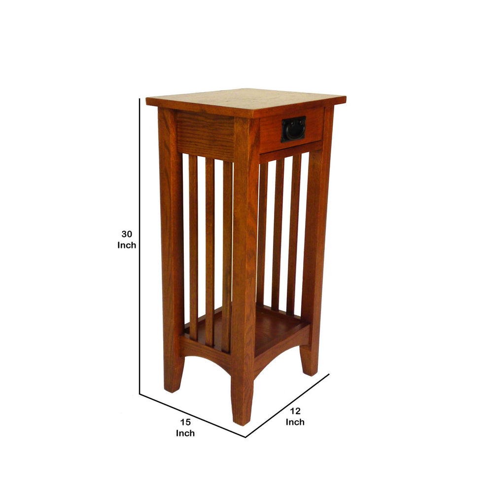 Wooden Pedestal Stand With 1 Drawer And Open Bottom Shelf, Oak Brown By Benzara | End Tables |  Modishstore  - 2