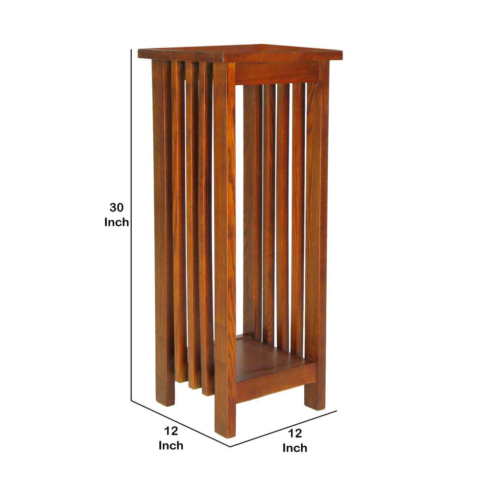 30 Inch Wooden Flower Stand With Bottom Shelf And Slatted Sides, Brown By Benzara | Side Tables |  Modishstore  - 3