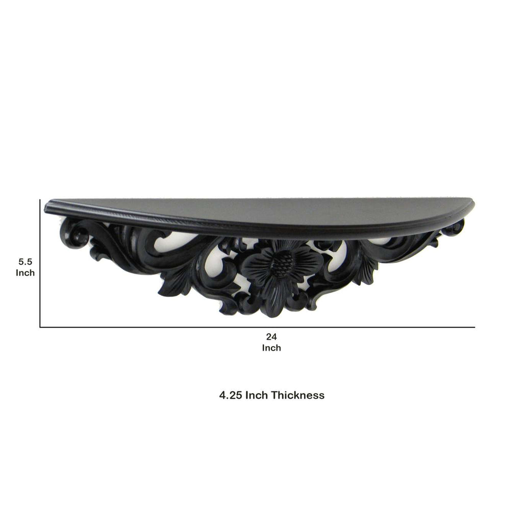 Hand Carved Wooden Moonbay Wall Shelf In Floral Design, Black By Benzara | Wall Shelf |  Modishstore  - 2