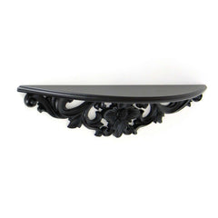 Hand Carved Wooden Moonbay Wall Shelf In Floral Design, Black By Benzara