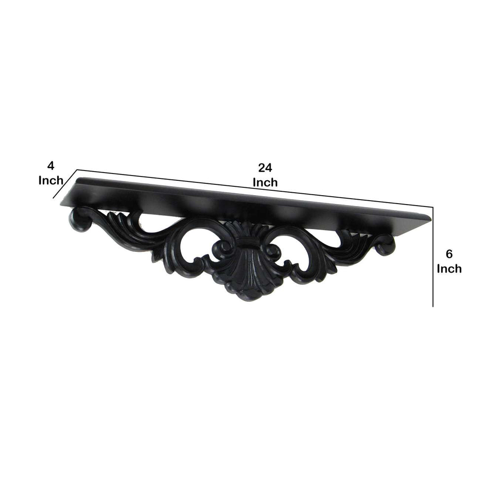 Hand Carved Wooden Wall Shelf With Floral Design Display, Black By Benzara | Wall Shelf |  Modishstore  - 2