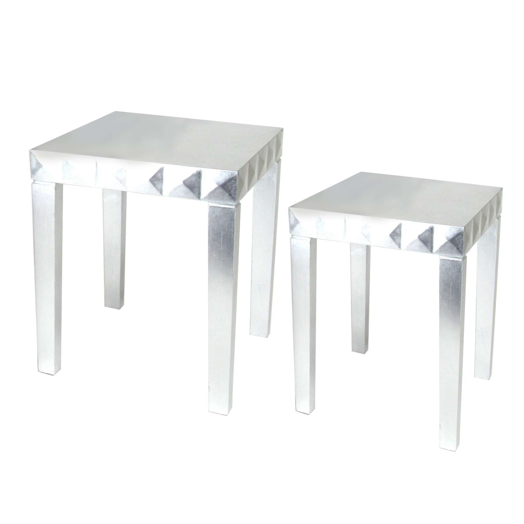 Rectangular Wooden Nesting Table With Geometric Edges, Set Of 2, Silver By Benzara | Nesting Tables |  Modishstore 