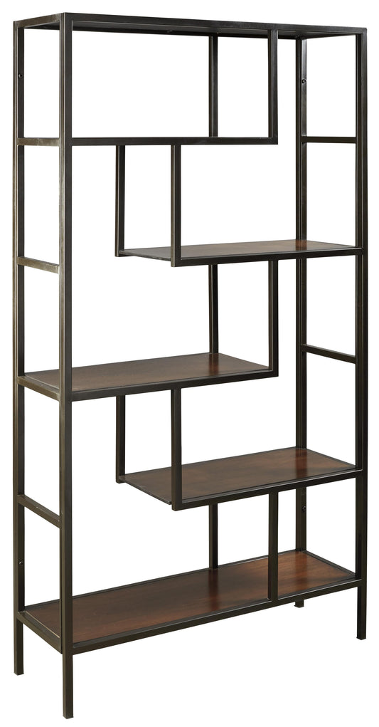 5 Shelves Asymmetric Design Bookcase With Metal Frame, Brown And Black By Benzara | Bookcases | Modishstore