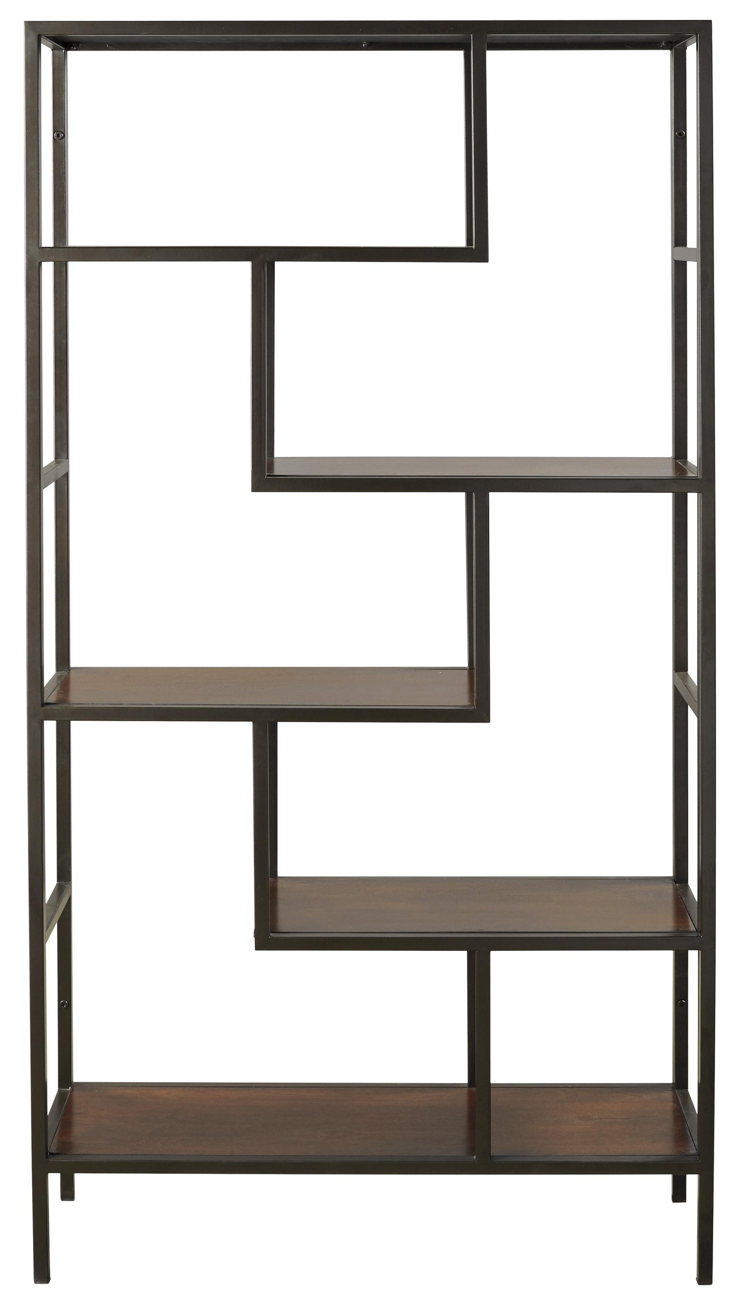 5 Shelves Asymmetric Design Bookcase With Metal Frame, Brown And Black By Benzara | Bookcases | Modishstore - 5