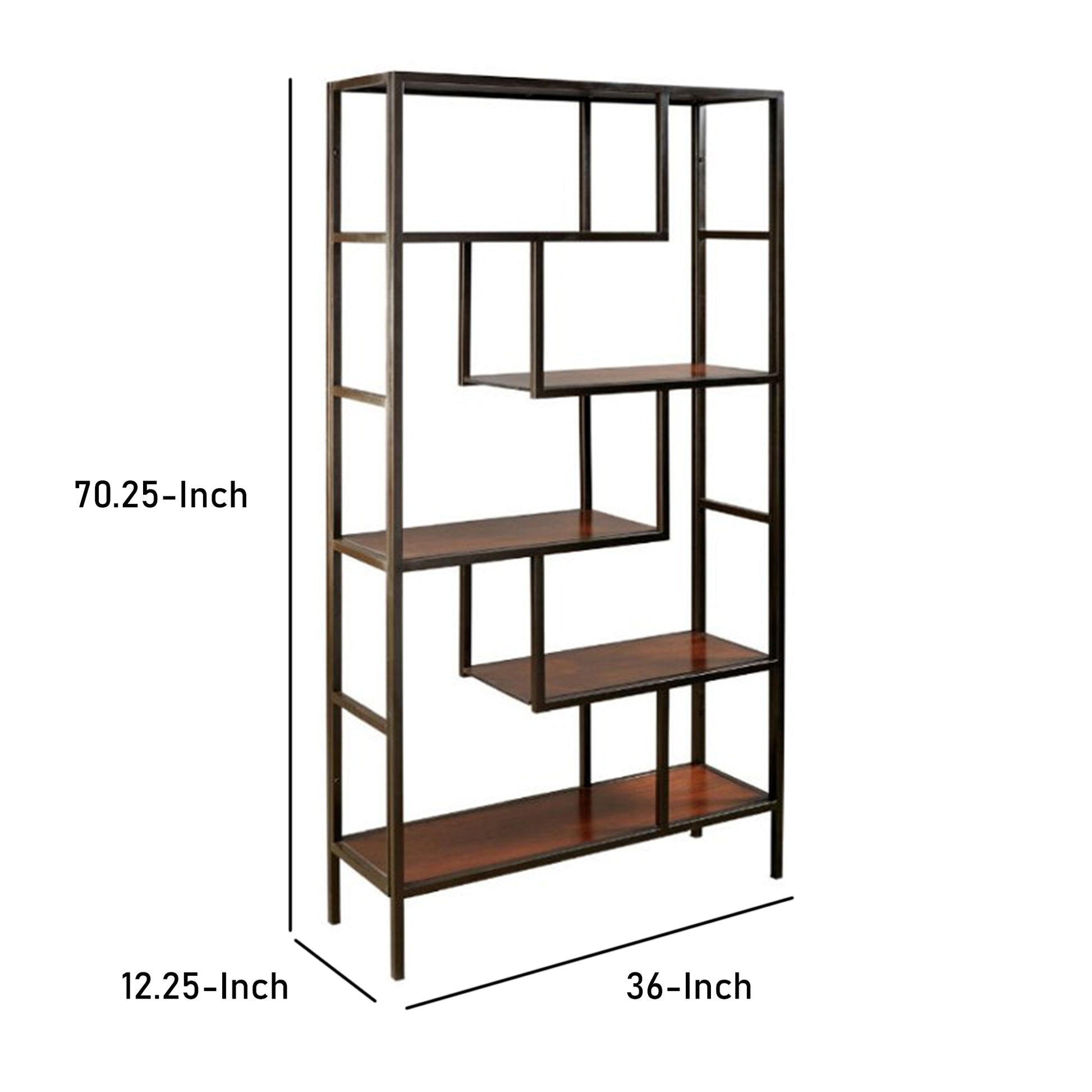 5 Shelves Asymmetric Design Bookcase With Metal Frame, Brown And Black By Benzara | Bookcases | Modishstore - 2