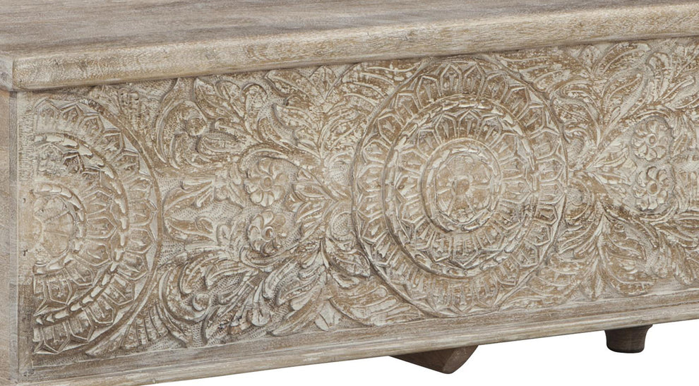 Medallion Pattern Wooden Storage Bench With Hinged Opening, White By Benzara | Benches | Modishstore - 3