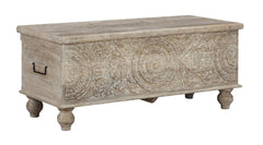 Medallion Pattern Wooden Storage Bench With Hinged Opening, White By Benzara