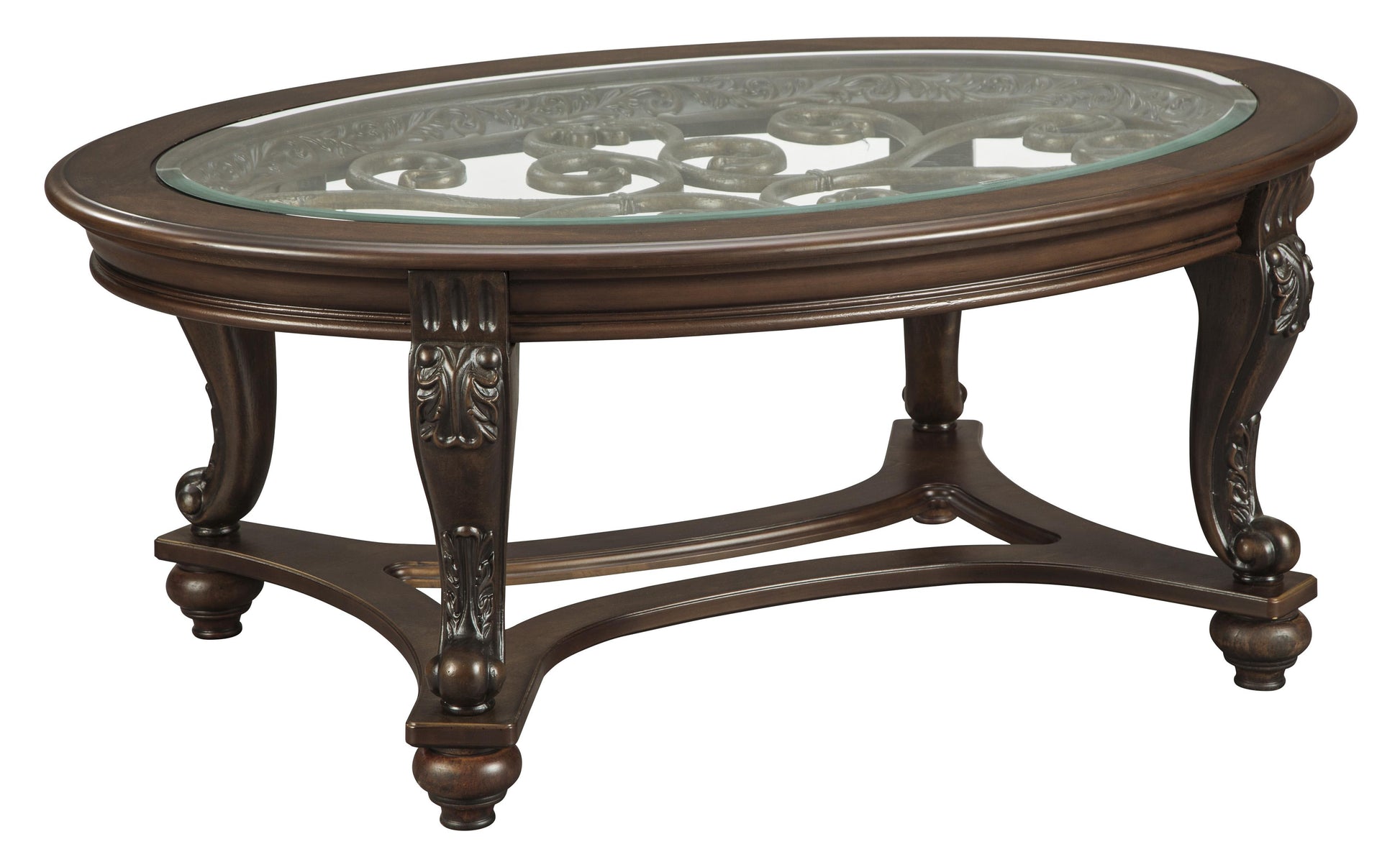 Traditional Wooden Oval Cocktail Table With Glass Top And Bun Feet, Brown By Benzara | Coffee Tables | Modishstore - 2