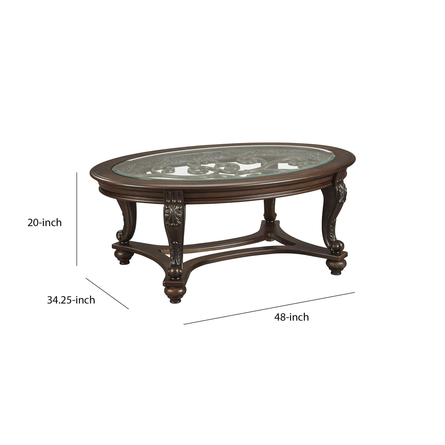 Traditional Wooden Oval Cocktail Table With Glass Top And Bun Feet, Brown By Benzara | Coffee Tables | Modishstore - 5