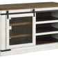 Wooden Tv Stand With Barn Sliding Door And 4 Shelves,Medium,Brown And White By Benzara | Cabinets | Modishstore