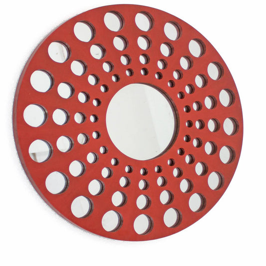 Contemporary Wooden Round Wall Decor With Circle Cut Outs, Red And Silver By Benzara | Wall Decor |  Modishstore 