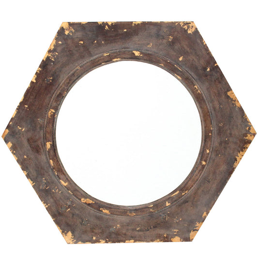 Rustic Style Wooden Wall Mirror With Hexagonal Frame, Silver And Brown By Benzara | Mirrors |  Modishstore 