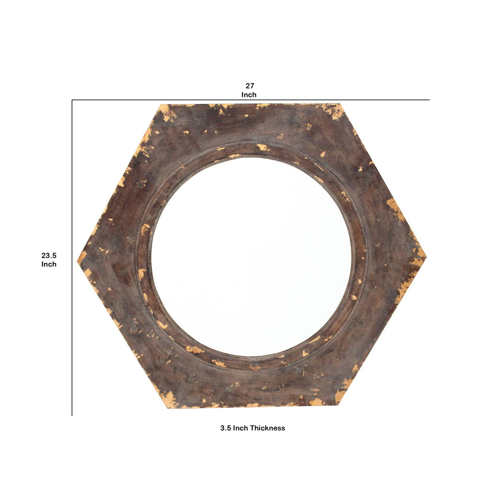 Rustic Style Wooden Wall Mirror With Hexagonal Frame, Silver And Brown By Benzara | Mirrors |  Modishstore  - 3