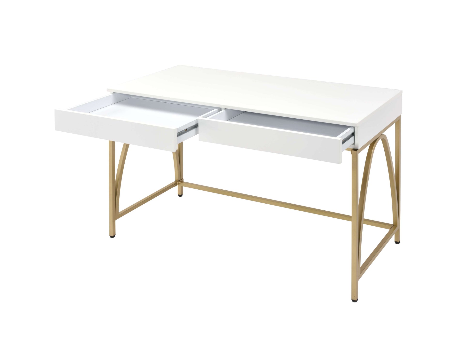 Rectangular Wooden Frame Desk With 2 Drawers And Metal Legs, White And Gold By Benzara | Desks |  Modishstore  - 3