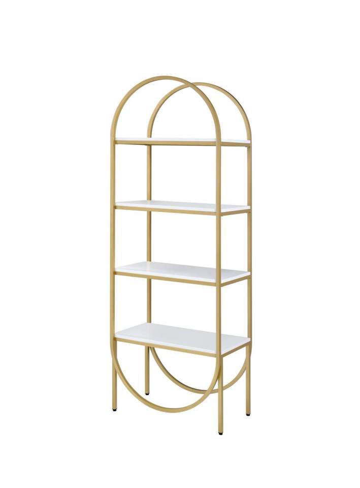 Arched Metal Frame Wooden Bookshelf With 4 Open Compartments,White And Gold By Benzara | Bookcases |  Modishstore  - 6