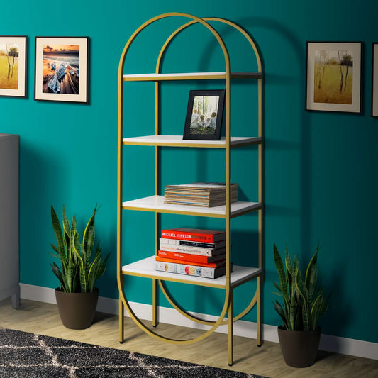 Arched Metal Frame Wooden Bookshelf With 4 Open Compartments,White And Gold By Benzara | Bookcases |  Modishstore 