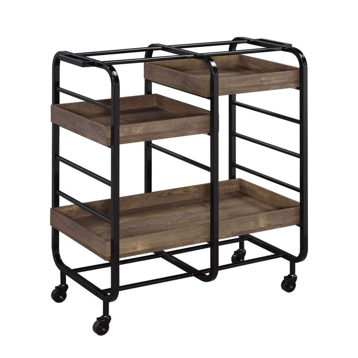 Metal Frame Serving Cart With 3 Open Storage And Casters, Brown And Black By Benzara | Bar Carts |  Modishstore  - 5