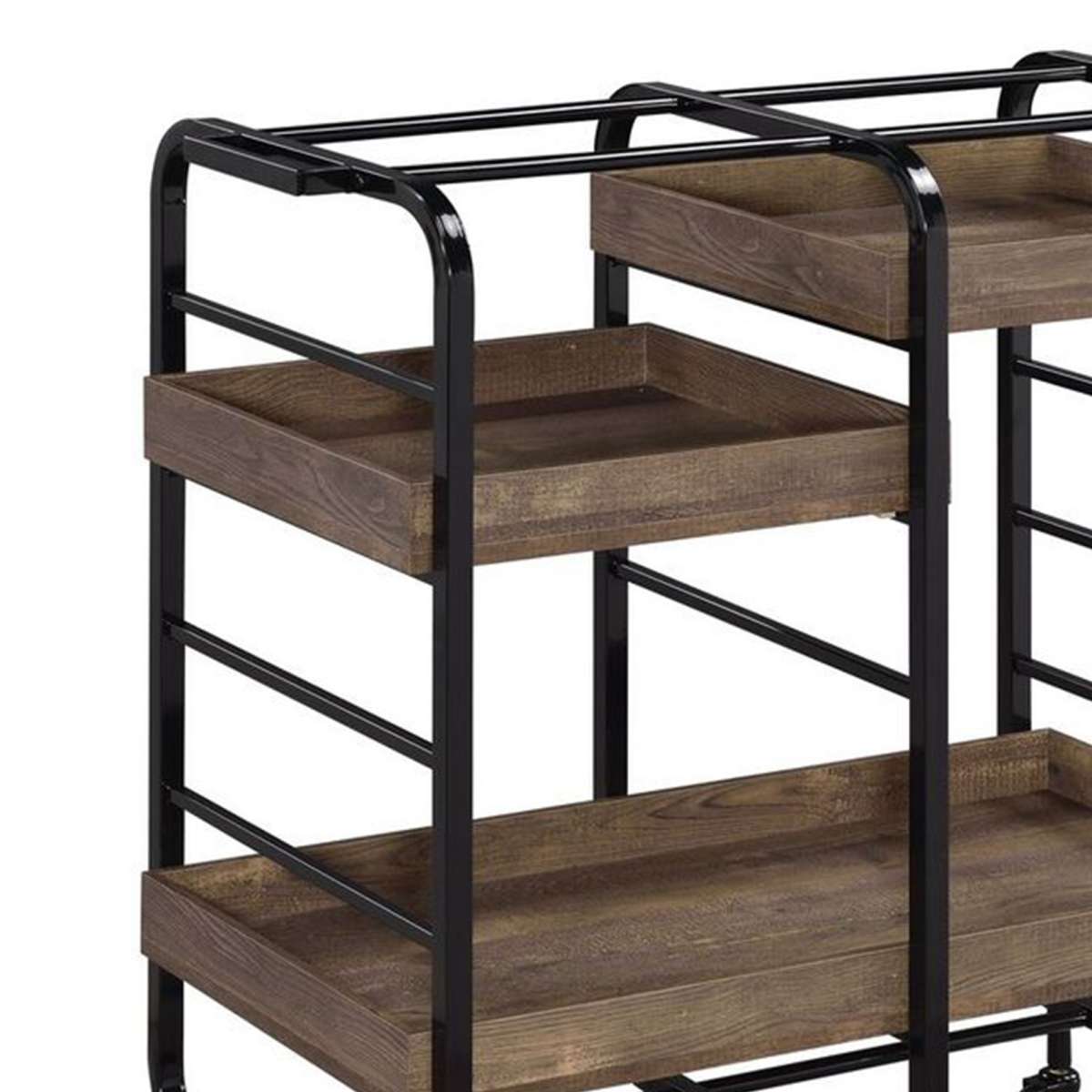 Metal Frame Serving Cart With 3 Open Storage And Casters, Brown And Black By Benzara | Bar Carts |  Modishstore  - 3