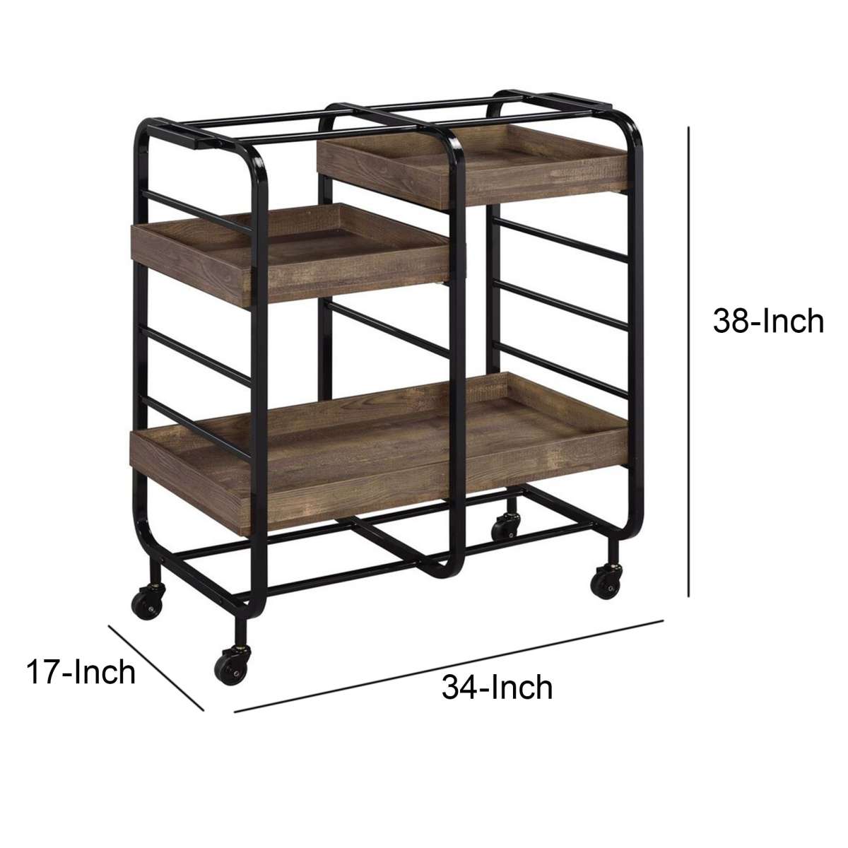 Metal Frame Serving Cart With 3 Open Storage And Casters, Brown And Black By Benzara | Bar Carts |  Modishstore  - 2