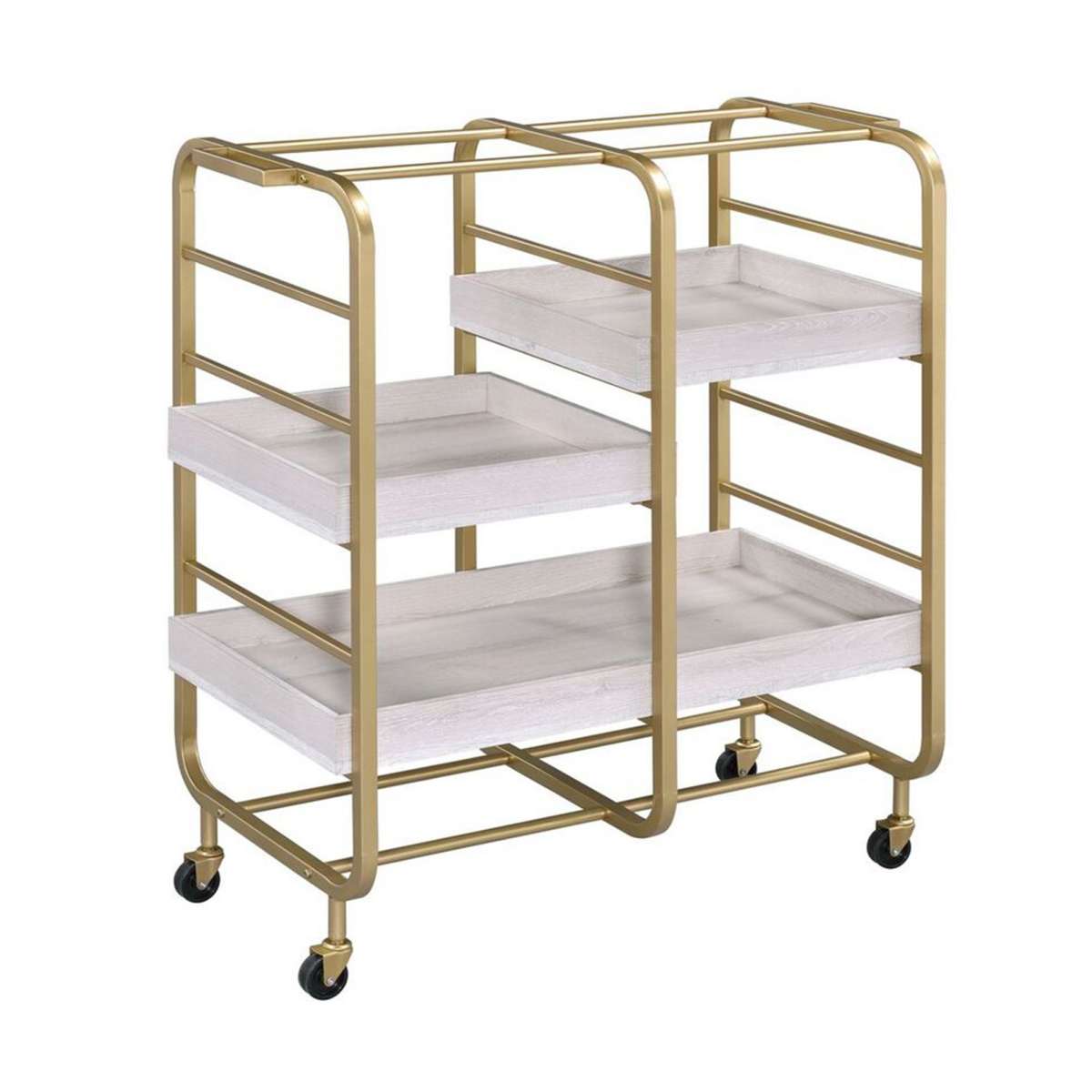 Metal Frame Serving Cart With Adjustable Compartments,Gold And Washed White By Benzara | Bar Carts |  Modishstore  - 5