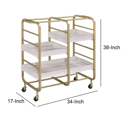 Metal Frame Serving Cart With Adjustable Compartments,Gold And Washed White By Benzara | Bar Carts |  Modishstore 