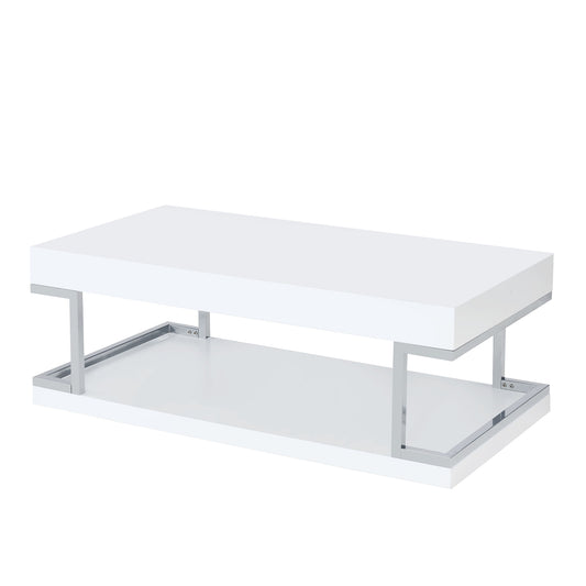 High Gloss Contemporary Coffee Table With Bottom Shelf, White And Silver By Benzara | Coffee Tables | Modishstore
