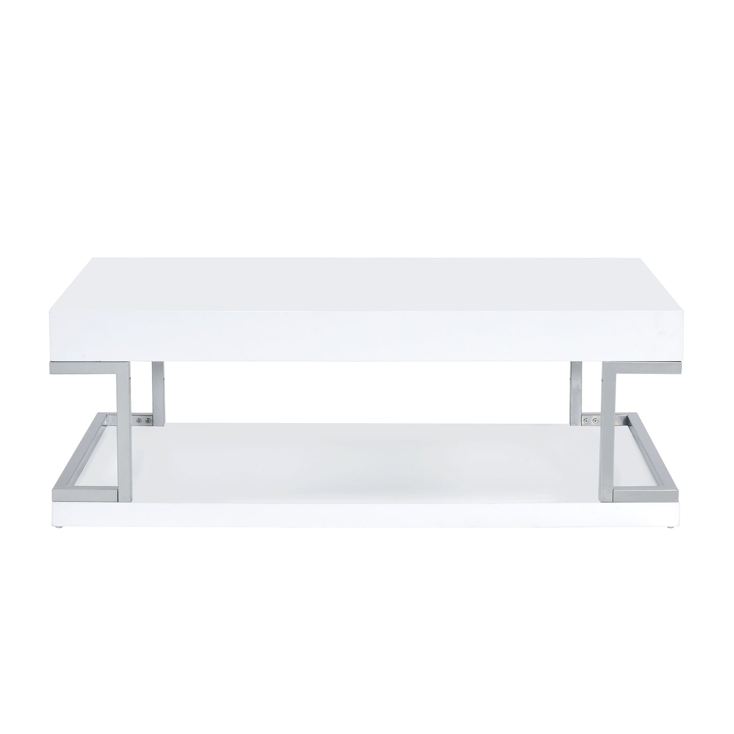 High Gloss Contemporary Coffee Table With Bottom Shelf, White And Silver By Benzara | Coffee Tables | Modishstore - 5