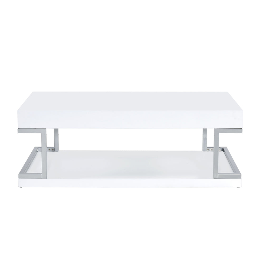 High Gloss Contemporary Coffee Table With Bottom Shelf, White And Silver By Benzara | Coffee Tables | Modishstore - 5