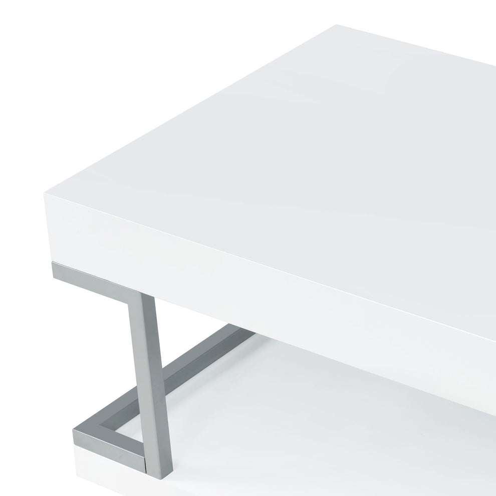 High Gloss Contemporary Coffee Table With Bottom Shelf, White And Silver By Benzara | Coffee Tables | Modishstore - 3
