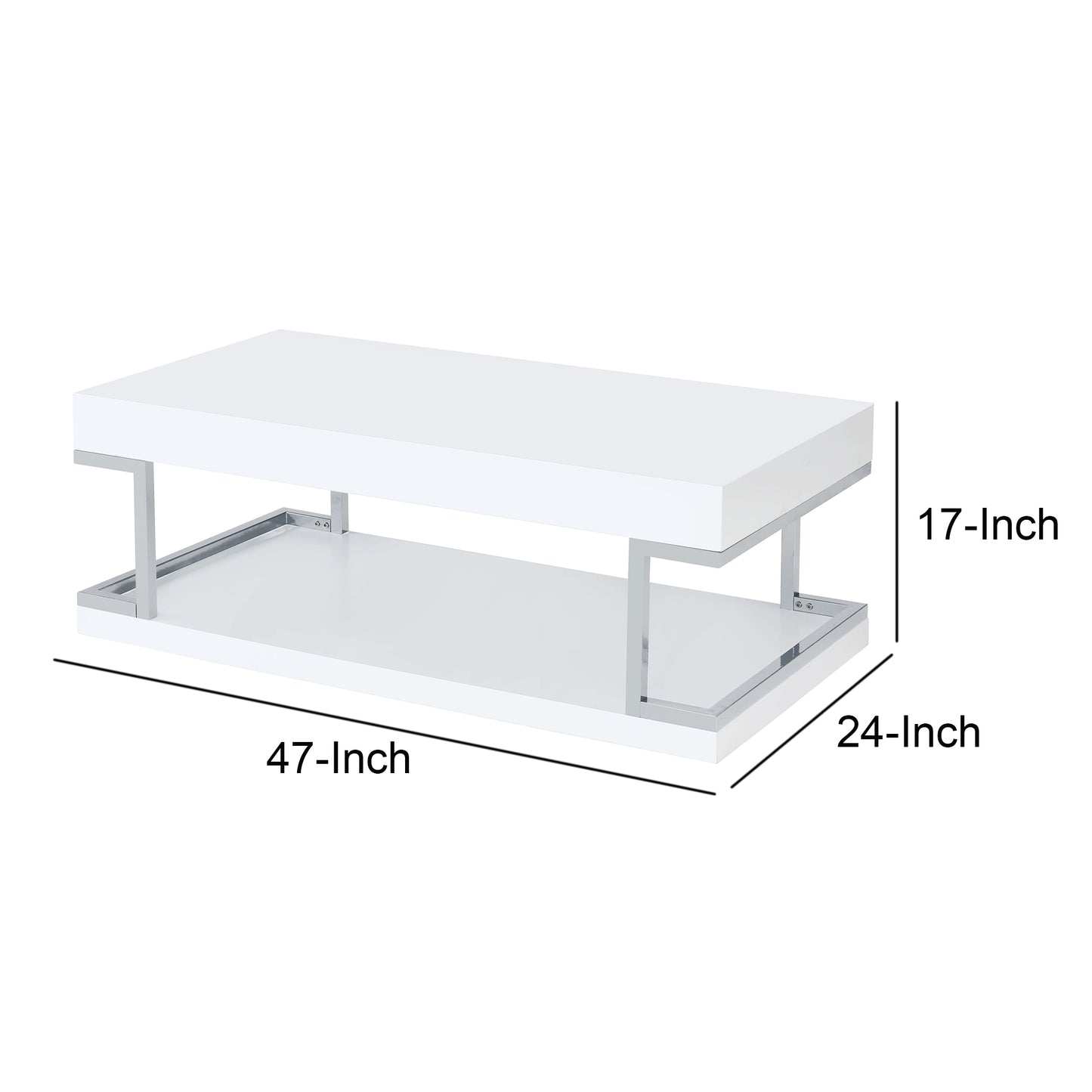 High Gloss Contemporary Coffee Table With Bottom Shelf, White And Silver By Benzara | Coffee Tables | Modishstore - 2