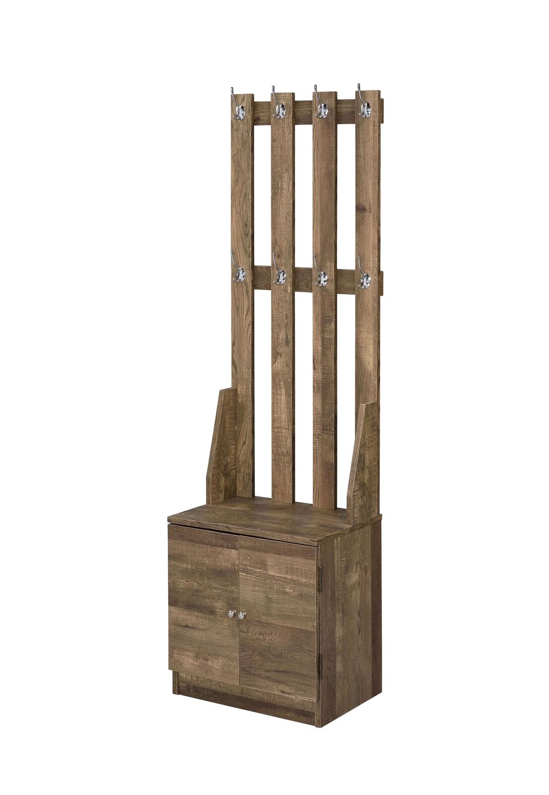 Wooden Hall Tree With 8 Hooks And Bottom Compartment, Weathered Brown By Benzara | Coat Racks | Modishstore