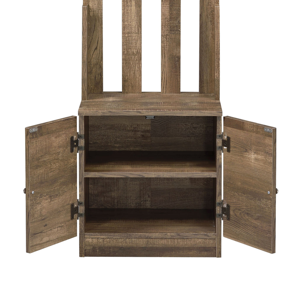 Wooden Hall Tree With 8 Hooks And Bottom Compartment, Weathered Brown By Benzara | Coat Racks | Modishstore - 2