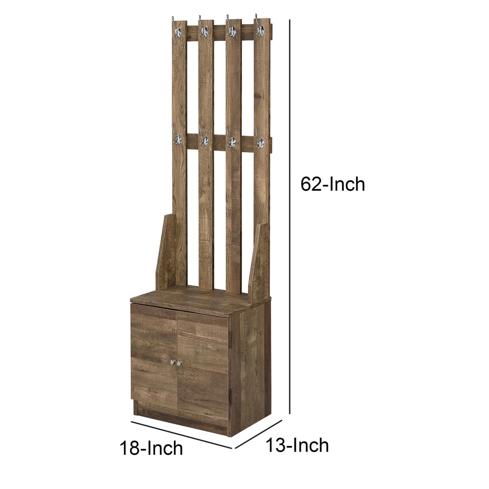 Wooden Hall Tree With 8 Hooks And Bottom Compartment, Weathered Brown By Benzara | Coat Racks | Modishstore - 3