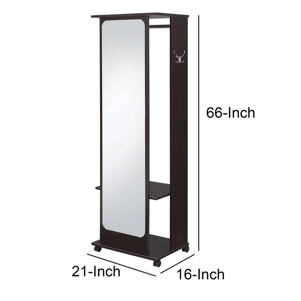 Mirror And Wood Hall Tree With Hanging Rod And Casters, Brown And Silver By Benzara | Coat Racks |  Modishstore  - 2