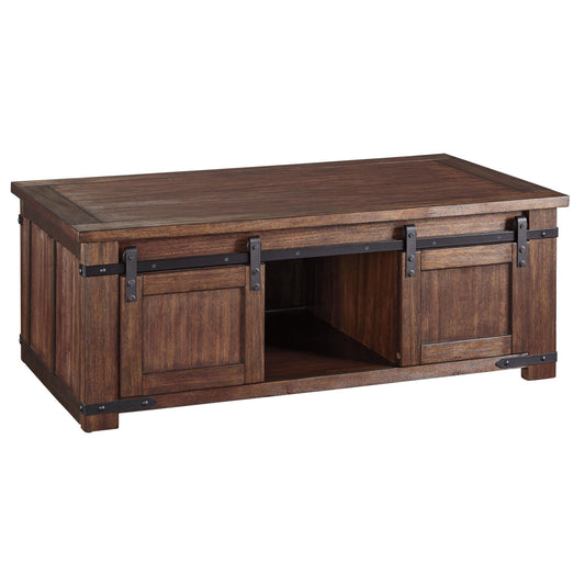 Rectangular Wooden Cocktail Table With 2 Barn Sliding Door Cabinets, Brown By Benzara | Coffee Tables | Modishstore
