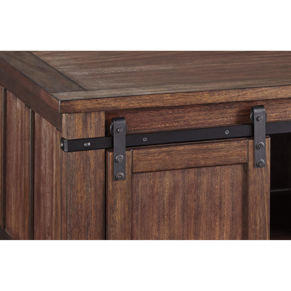 Rectangular Wooden Cocktail Table With 2 Barn Sliding Door Cabinets, Brown By Benzara | Coffee Tables | Modishstore - 5