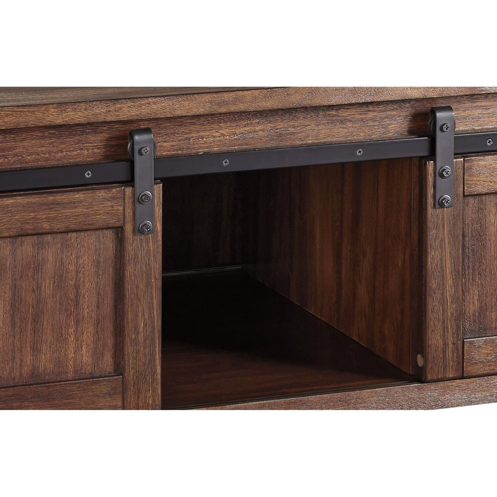 Rectangular Wooden Cocktail Table With 2 Barn Sliding Door Cabinets, Brown By Benzara | Coffee Tables | Modishstore - 2