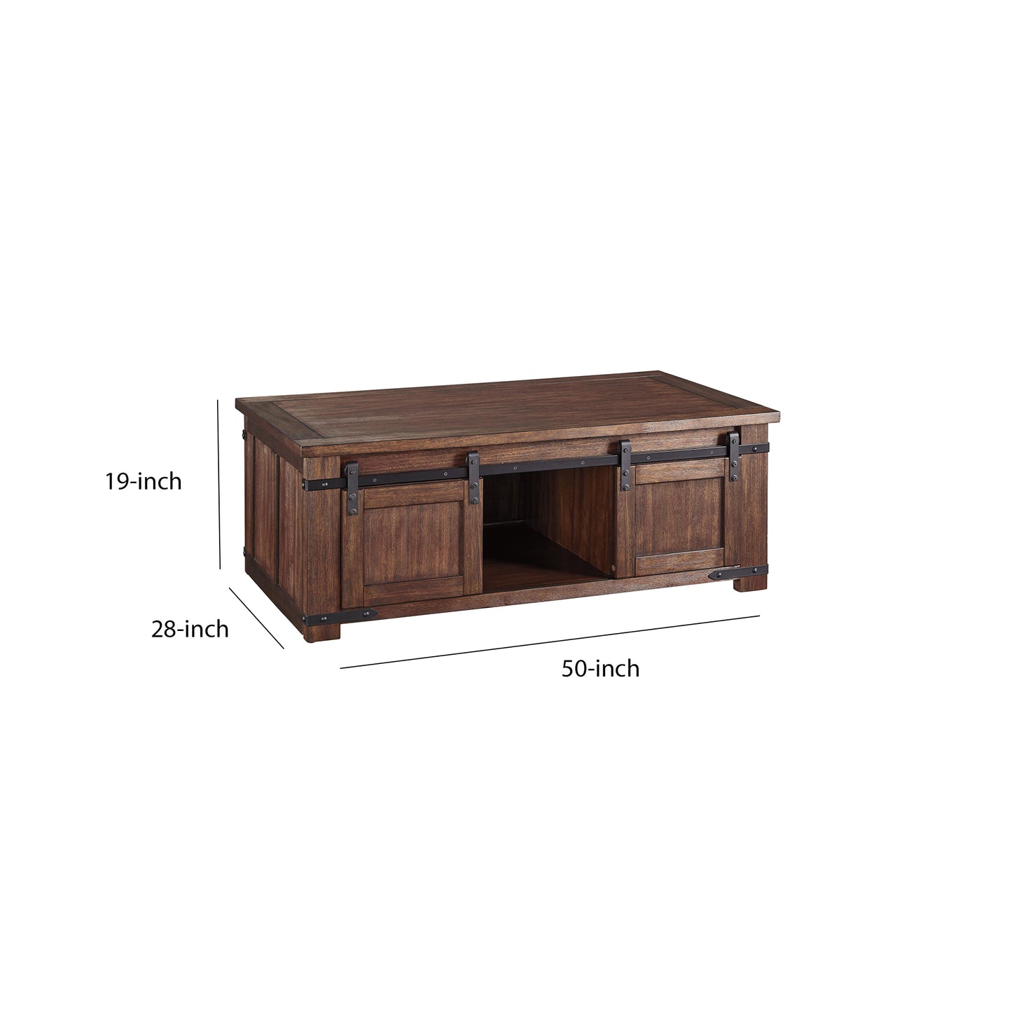 Rectangular Wooden Cocktail Table With 2 Barn Sliding Door Cabinets, Brown By Benzara | Coffee Tables | Modishstore - 6