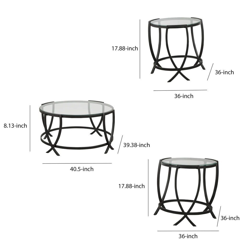 Contemporary Round Table Set With Glass Top And Geometric Metal Body, Black By Benzara | Coffee Tables |  Modishstore  - 5