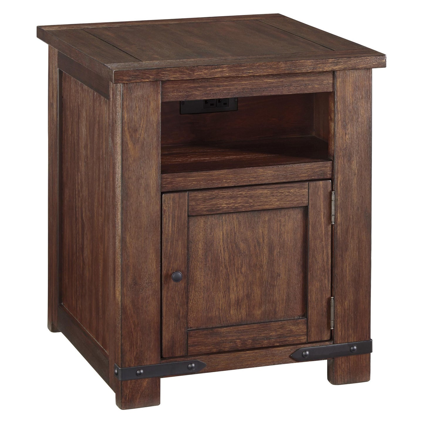 1 Door Wooden End Table With 1 Cubby And Power Hub, Brown By Benzara | End Tables | Modishstore