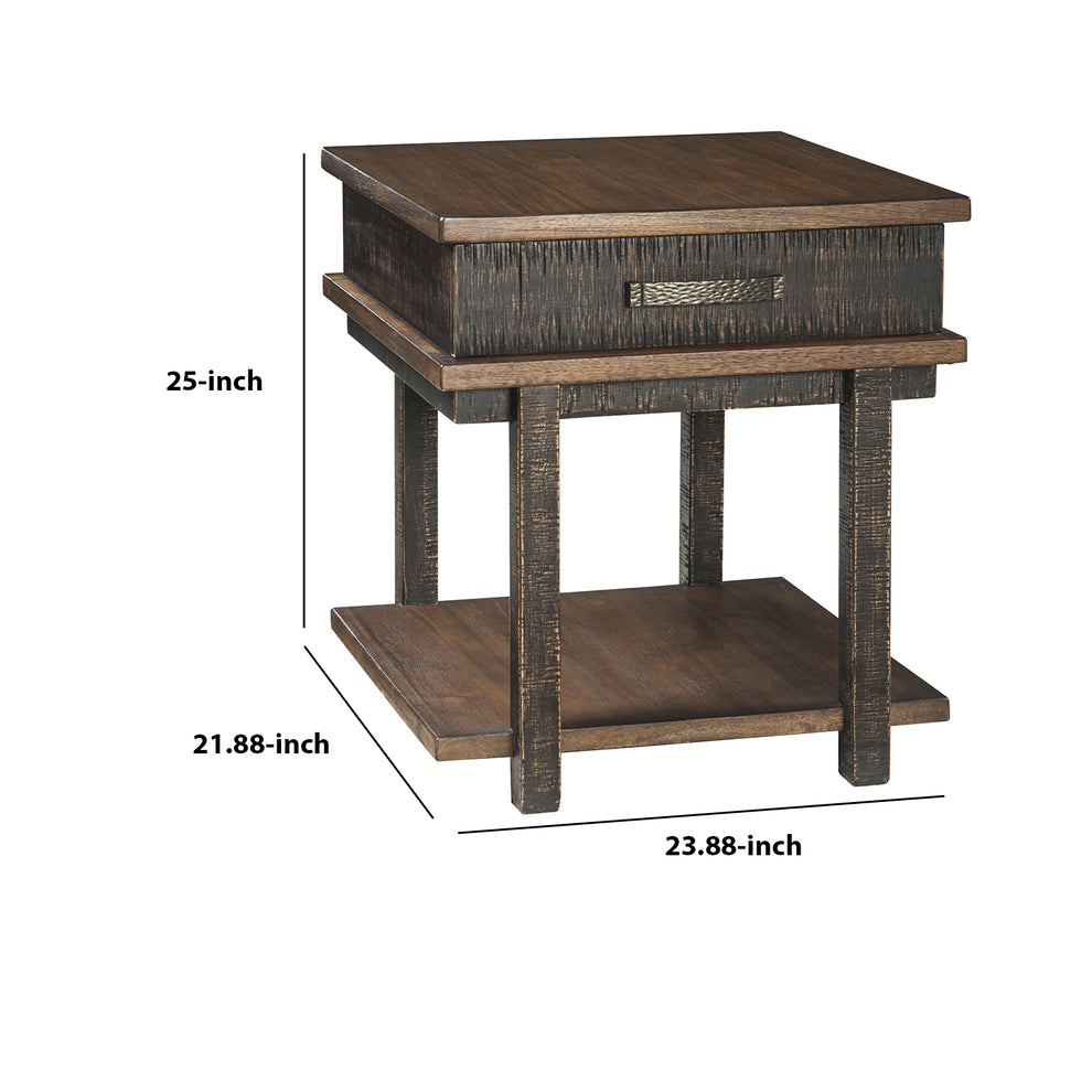 Textured Two Tone Wooden End Table With 1 Drawer, Brown By Benzara | End Tables | Modishstore - 5