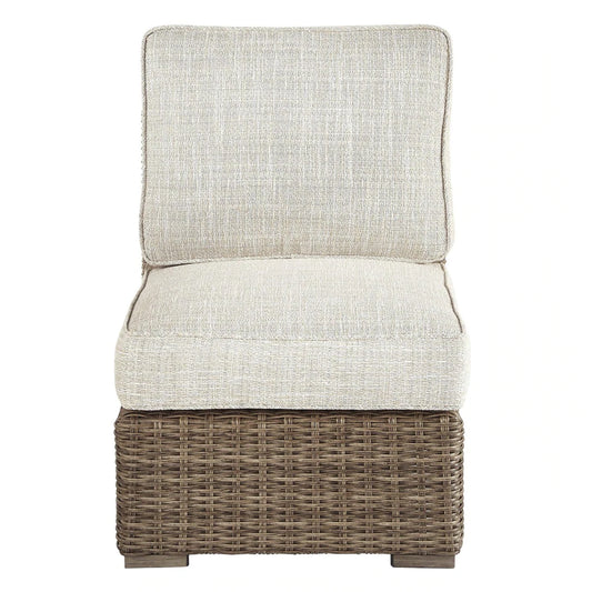 Handwoven Wicker Frame Fabric Upholstered Armless Chair, Beige And Brown By Benzara | Side Chairs |  Modishstore 