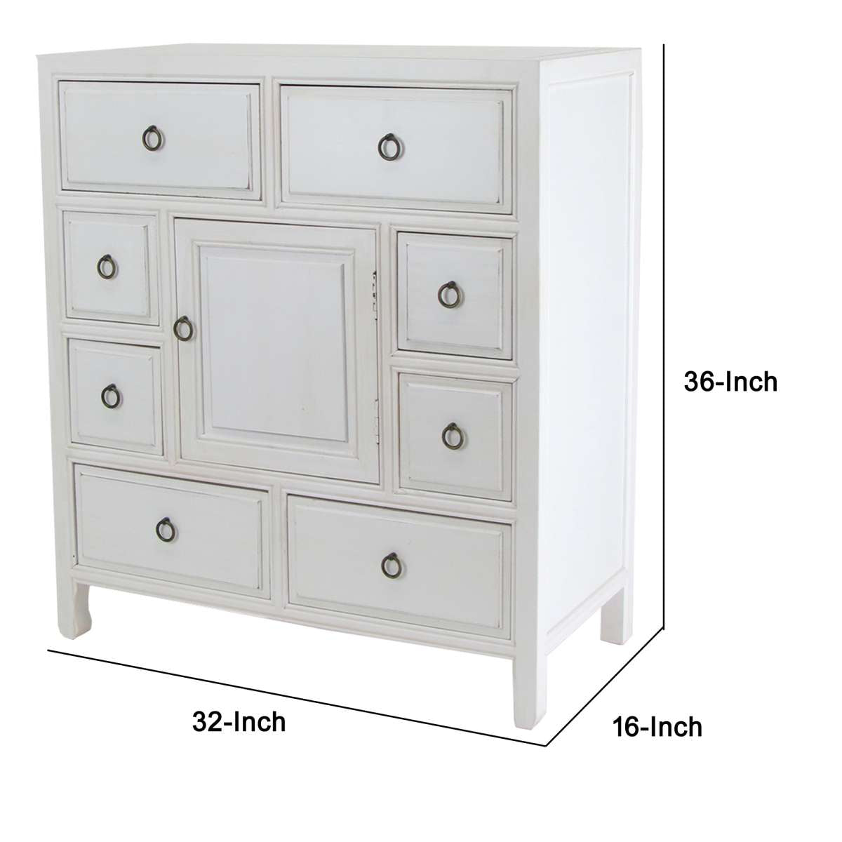 Wooden Chest With 8 Spacious Drawers And 1 Cabinet, White By Benzara | Cabinets |  Modishstore  - 2