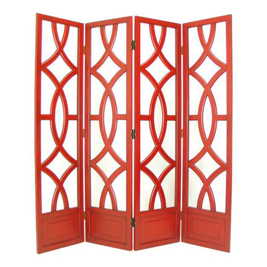 Wooden 4 Panel Room Divider With Open Geometric Design, Red By Benzara | Room Divider |  Modishstore 