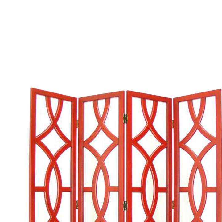 Wooden 4 Panel Room Divider With Open Geometric Design, Red By Benzara | Room Divider |  Modishstore  - 5