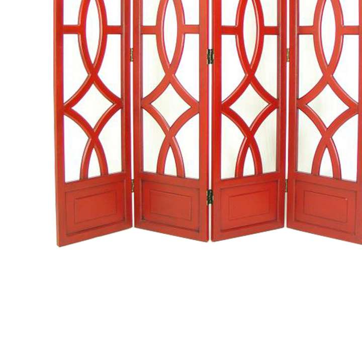 Wooden 4 Panel Room Divider With Open Geometric Design, Red By Benzara | Room Divider |  Modishstore  - 4