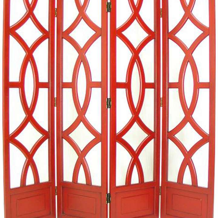 Wooden 4 Panel Room Divider With Open Geometric Design, Red By Benzara | Room Divider |  Modishstore  - 3