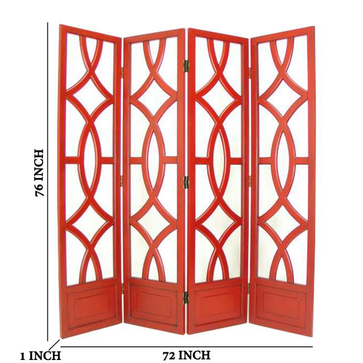 Wooden 4 Panel Room Divider With Open Geometric Design, Red By Benzara | Room Divider |  Modishstore  - 2