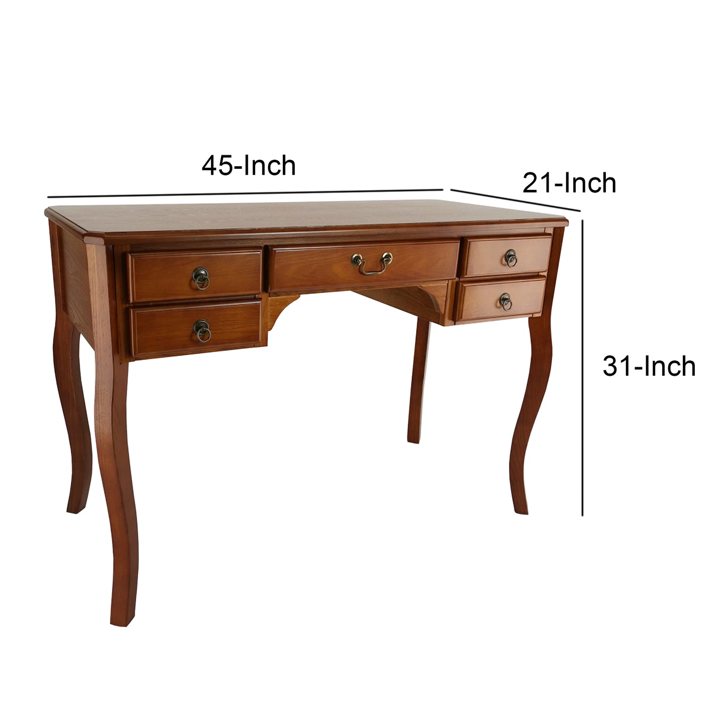 Wooden Writing Desk With Cabriole Legs And 5 Drawers, Brown By Benzara | Desks | Modishstore - 2